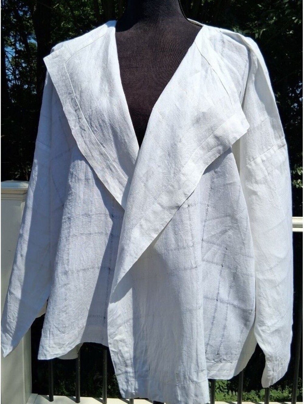 Eskandar White Linen Basketweave Gauze Plaid Flowing Jacket Coat Sz 0 Lagenlook